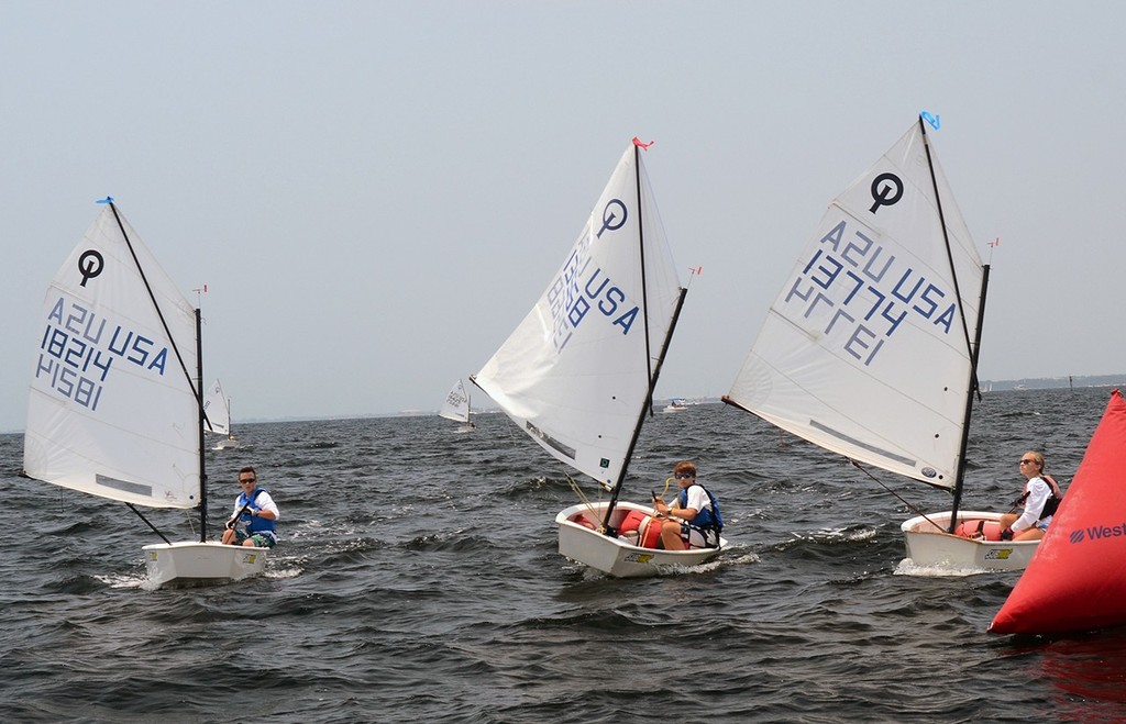 Allison Weinbecker (13774 Southern YC), Davis FriendSouthern YC and Dominic Leccese (Pensacola YC) close in at the leeward mark for a tight rounding. The 2012 US Sailing Junior Olympic and SUBWAY® Sail Fest held at Pensacola Yacht Club on June 29 & 30 and July 1st. © Talbot Wilson